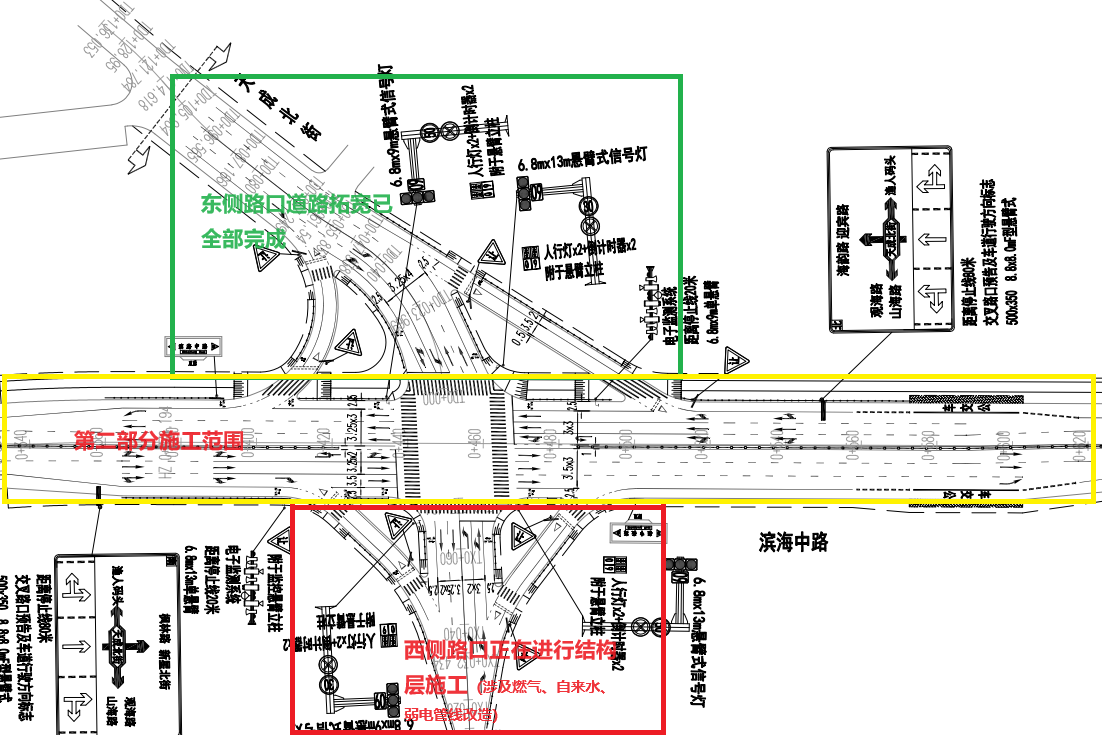 4月8日起，烟台滨海中路与天城北街路口开始下一阶段渠化施工