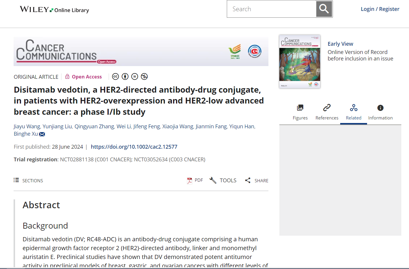 维迪西妥单抗乳腺癌研究发表于肿瘤学顶刊《癌症研究》(Cancer Communications)