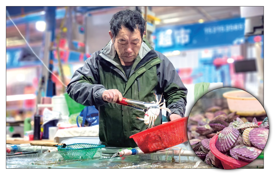 初冬，烟台海鲜市场上肥美的海蛎子扇贝堆成了小山