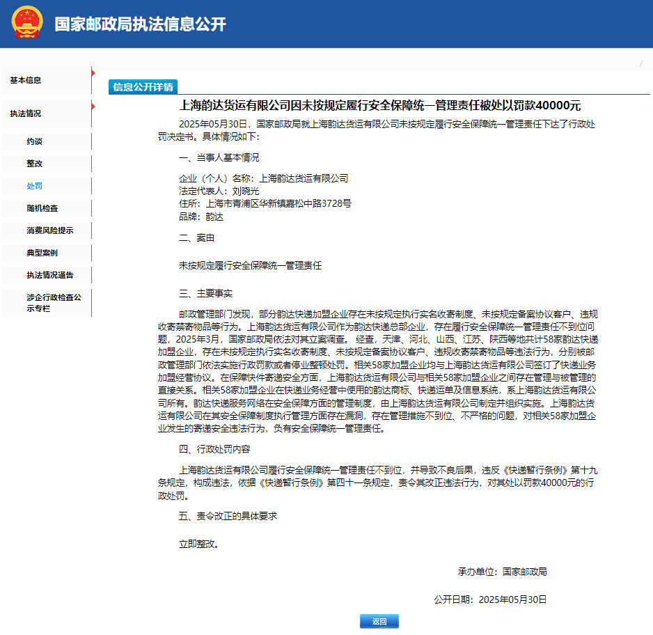 韵达快递总部企业及58家加盟企业被处罚