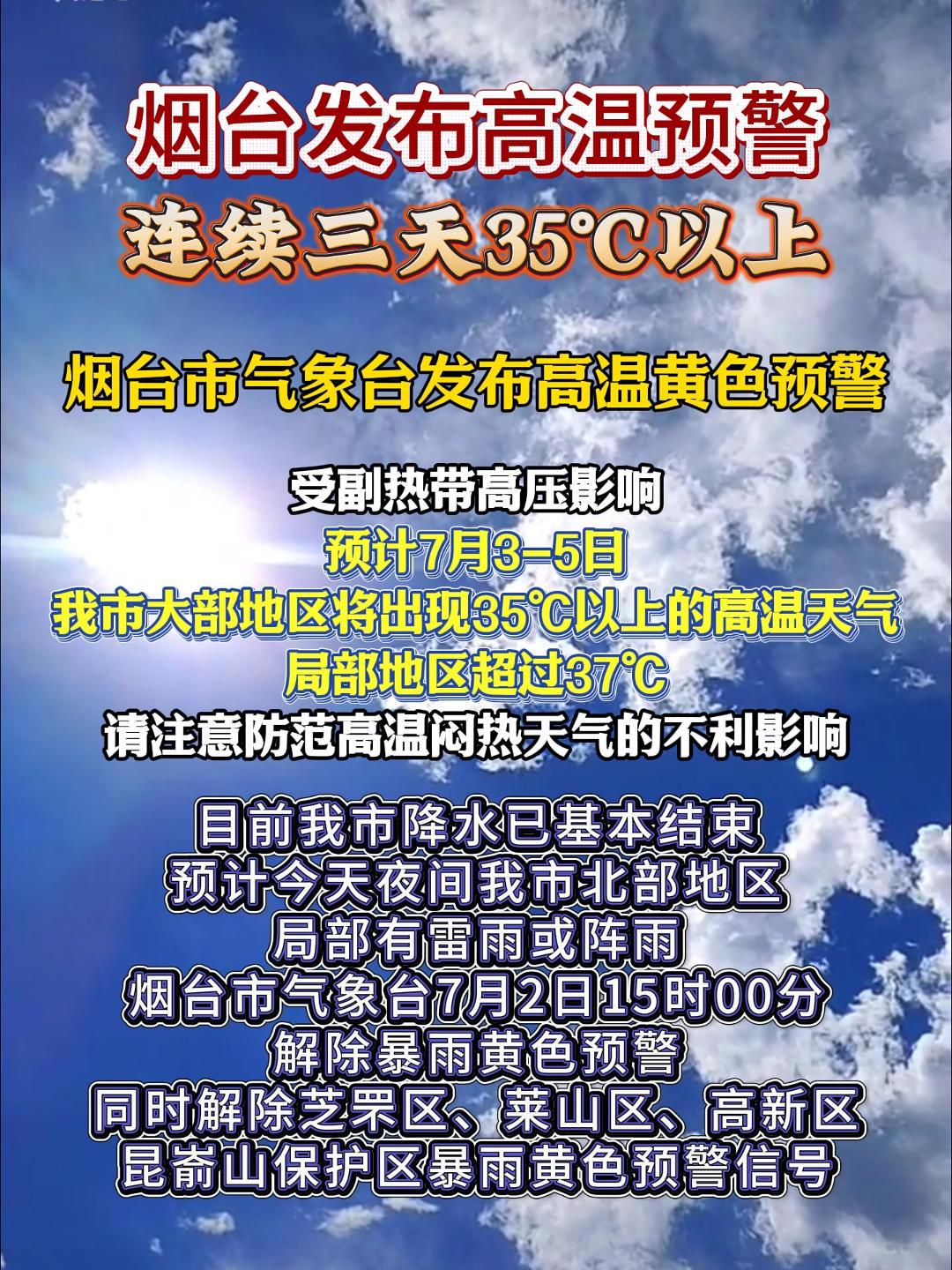 烟台发布高温预警  连续三天35℃以上，局部地区超过37℃。（来源/烟台市气象局）