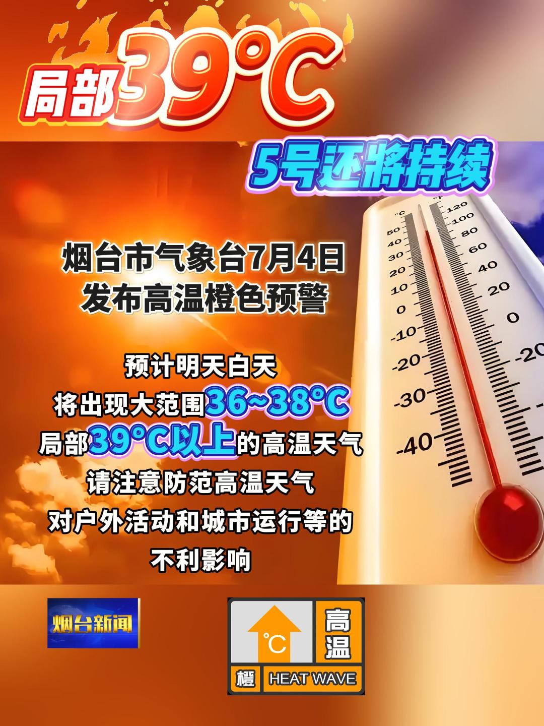 烟台市气象台4号发布高温橙色预警，5号，除长岛外，烟台市将出现大范围36～38℃，局部39℃以上的高温天气。
