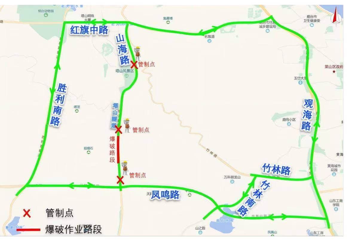 9月16日起，烟台山海快速路这一段封闭施工