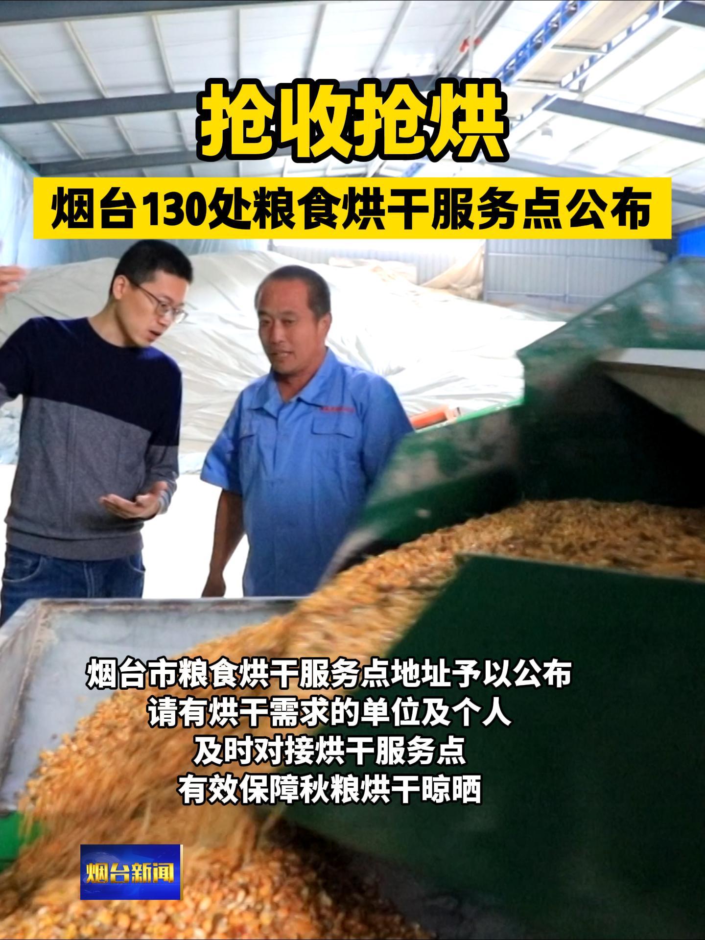 眼下正值“三秋”生产关键期，为守住粮食丰收成果，烟台130处点位提供烘干服务，有烘干需求的单位及个人，可及时对接烘干服务点，以保障秋粮烘干晾晒，助力颗粒归仓。