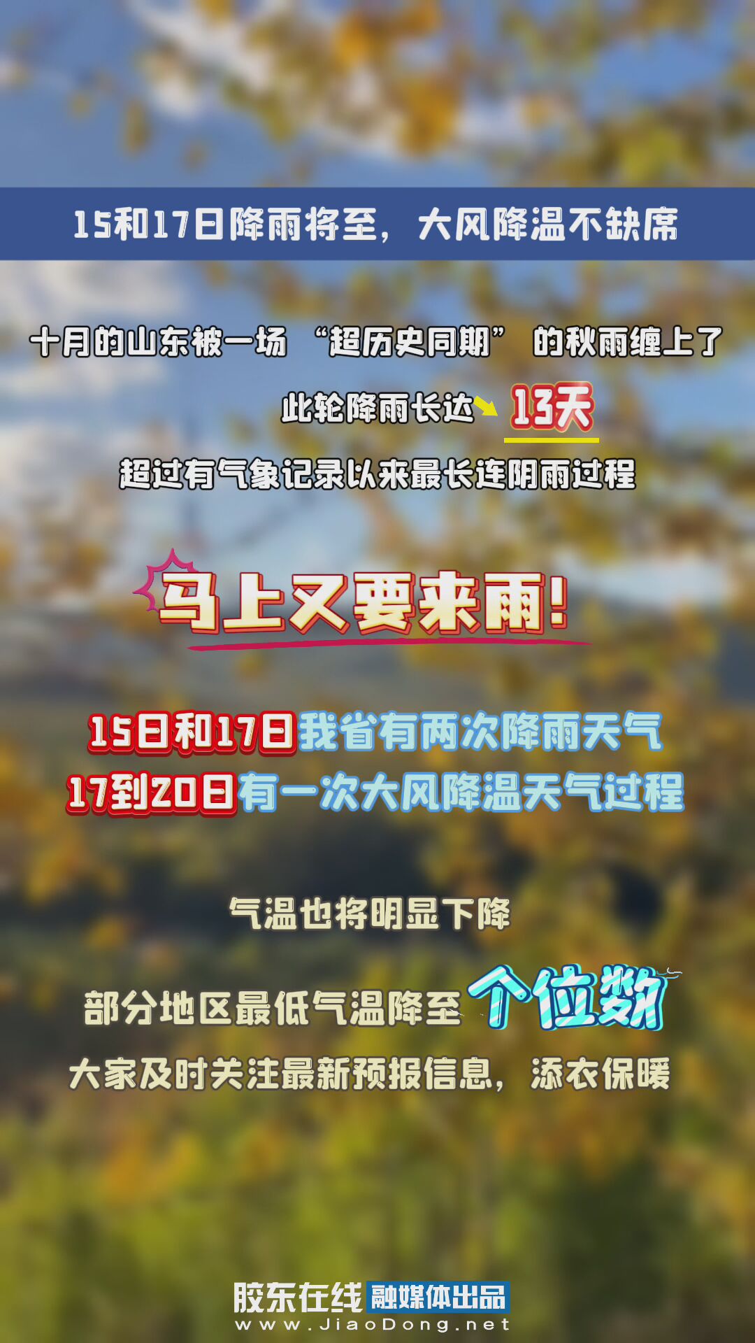 15日和17日降雨将至，大风降温不缺席，部分地区最低气温降至个位数！#降雨#降温